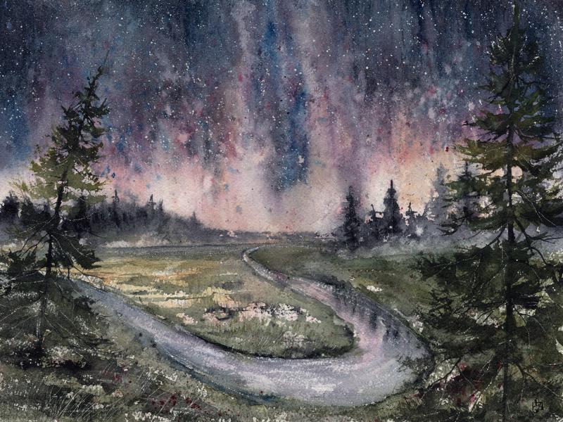 northern lights above the winding river