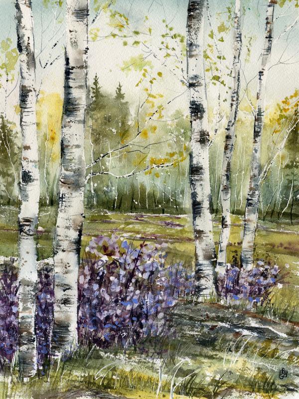 Purple Flowers Birch Trees
